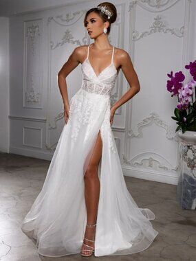 NEW LONG OFF WHITE WEDDING DRESS.LACE BEADED TULLE CORSET RECEPTION CEREMONY